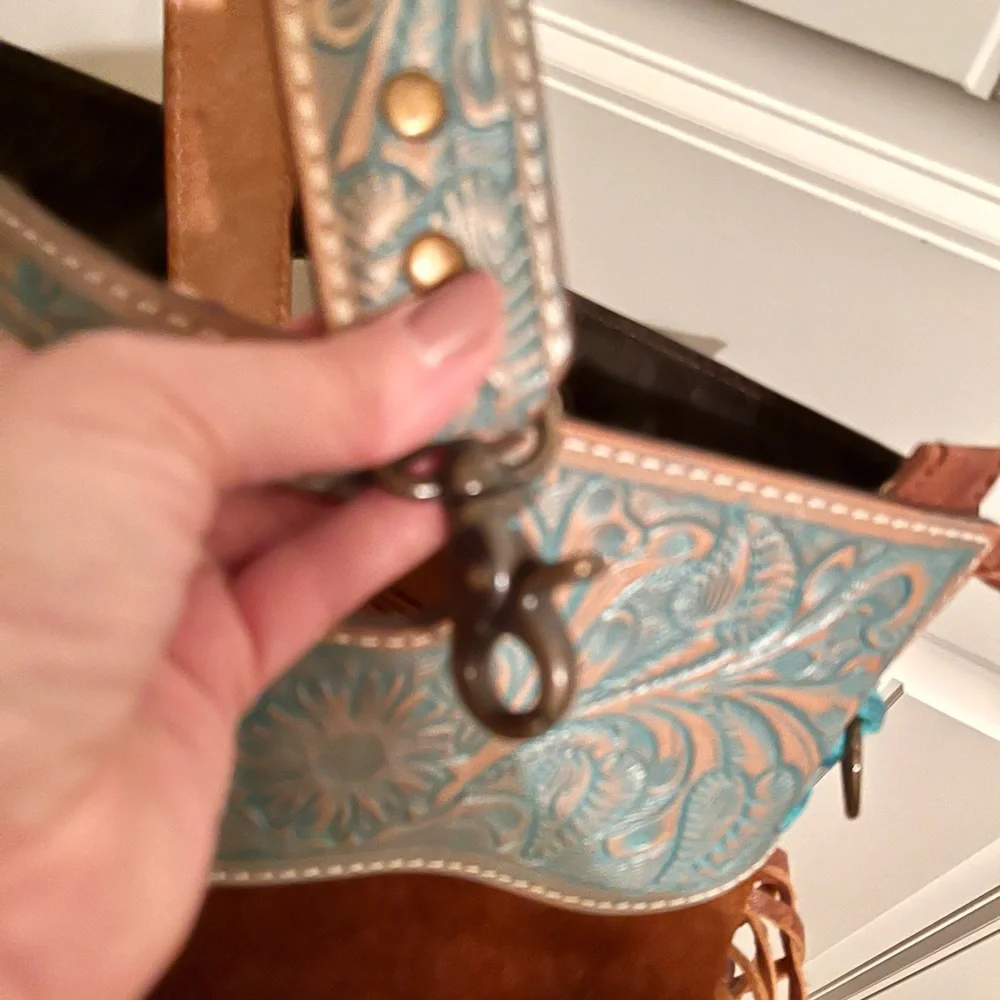 American Darling Turquoise and Brown Embossed Shoulder Bag - Picture 7 of 9